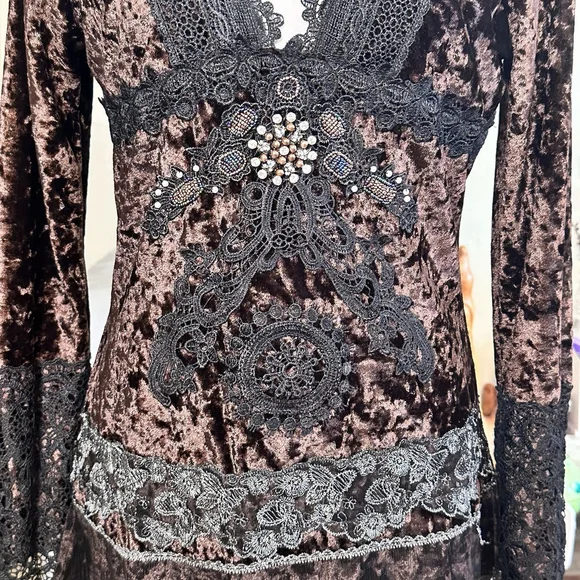 Passion Concepts Y2K Crushed Velvet Lace Beaded L/S V-Neck Top Whimsygoth Medium - Picture 4 of 6